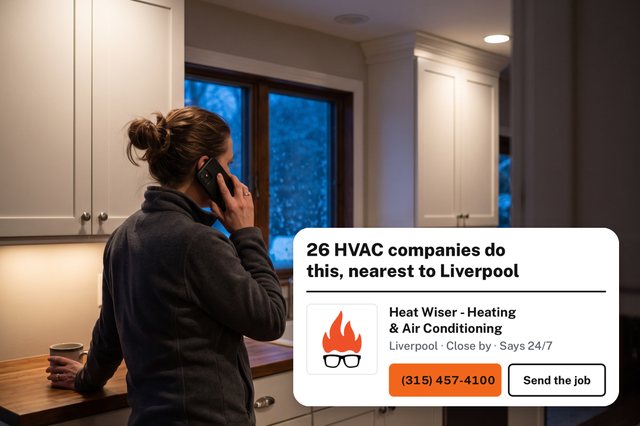 On the phone in her kitchen; CNY Pros lists the 26 HVAC companies nearest to Liverpool, each with its number